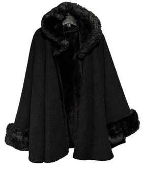Elegant Black Faux Fur Trim Cape/Poncho with Pockets and Hood. One size fits all